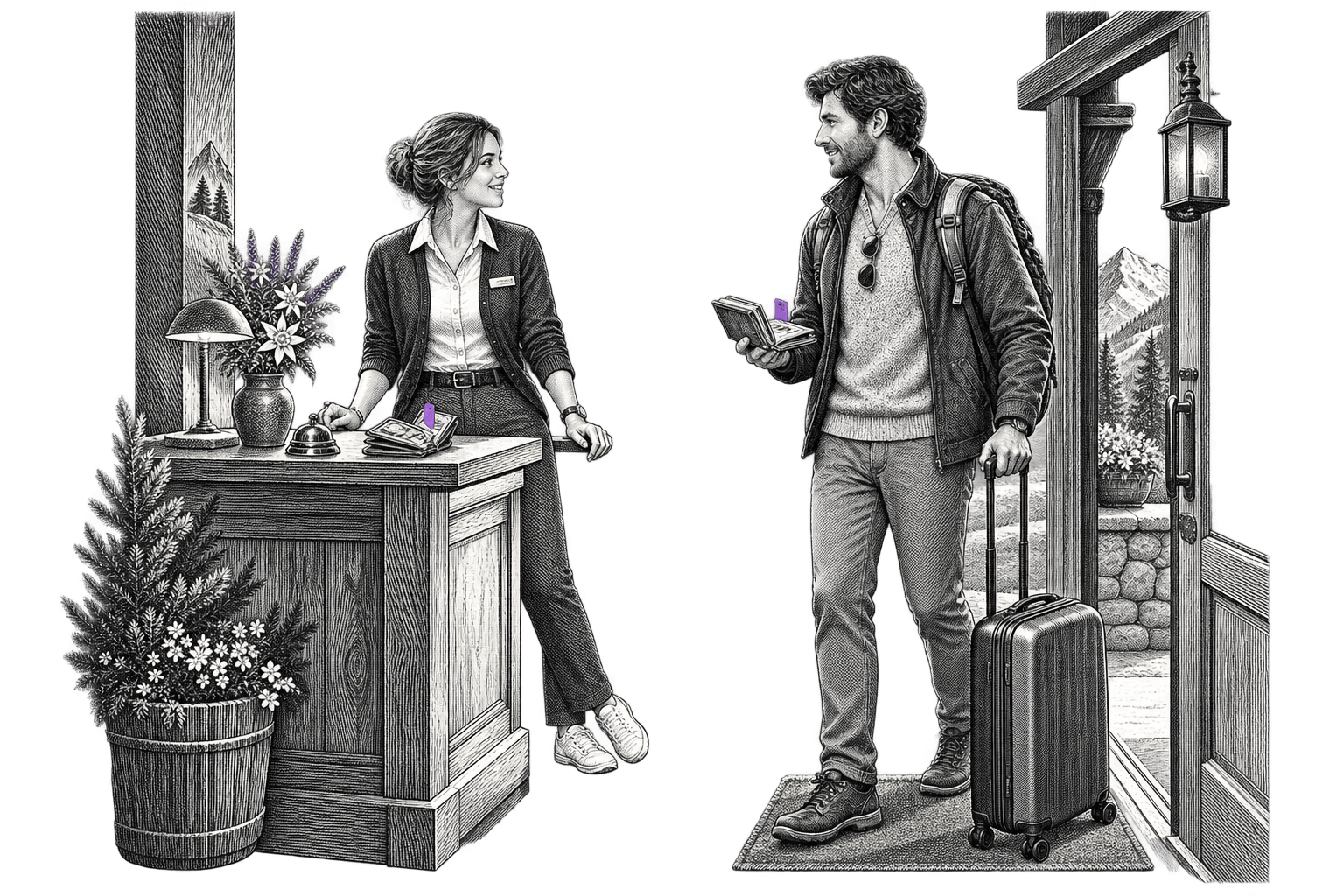 An illustrated hotel employee welcomes a traveller. Small purple markers on their personal instruments represent their software agents.