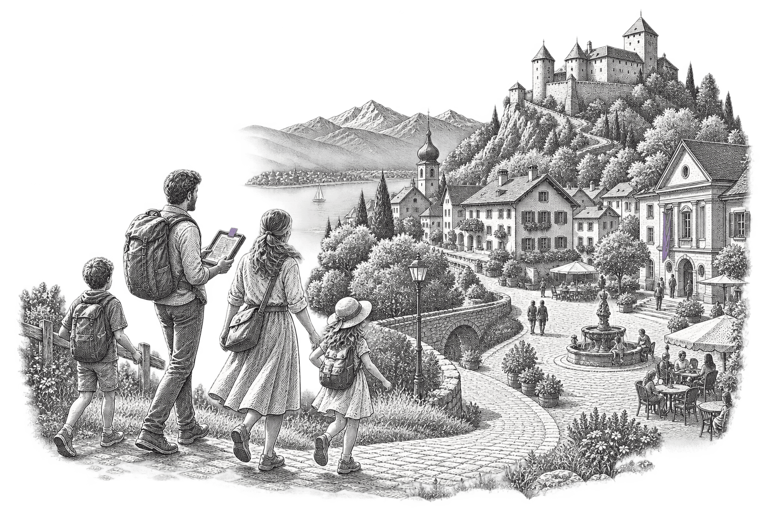 An illustrated family looks towards a lakeside town and castle while consulting a digital guide.