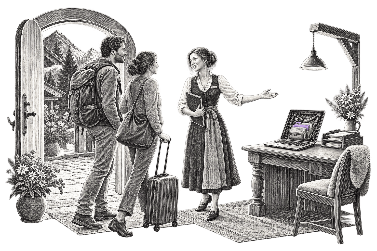 An illustrated host welcomes two travellers while a laptop and paperwork remain at a desk in the background.
